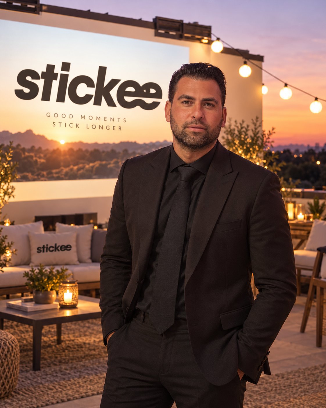 Travis Hermiz, Michigan entrepreneur, in a black suit at a rooftop stickee brand event at sunset