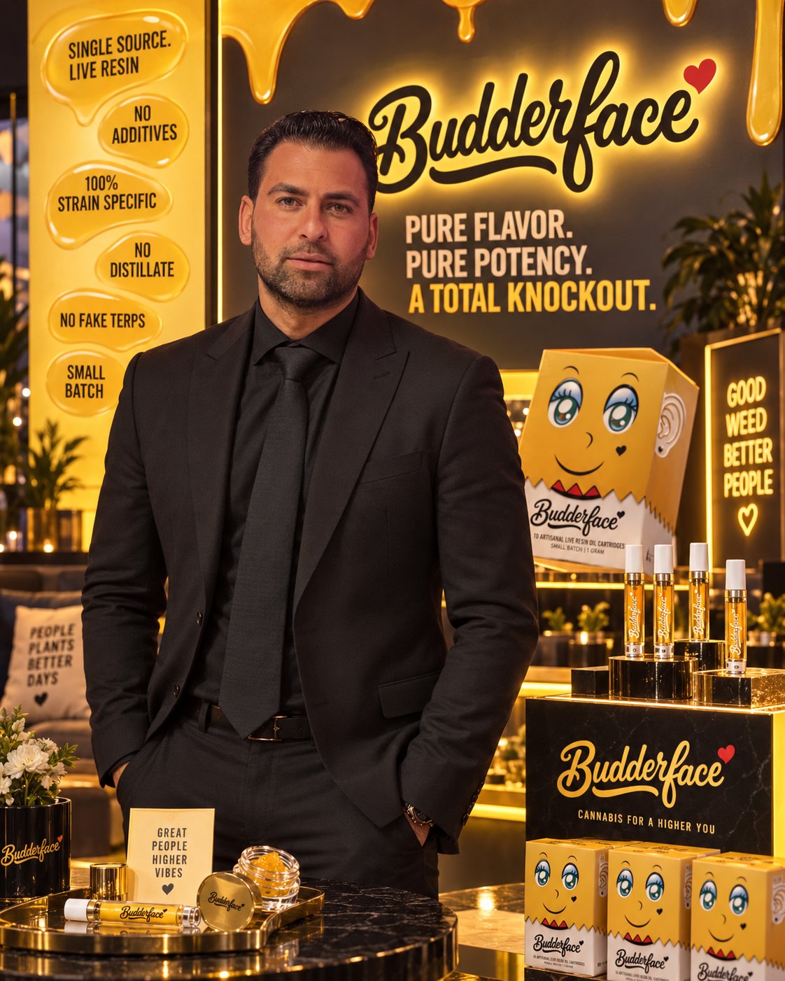 Travis Hermiz, Michigan entrepreneur and cannabis brand founder, at a Budderface product display