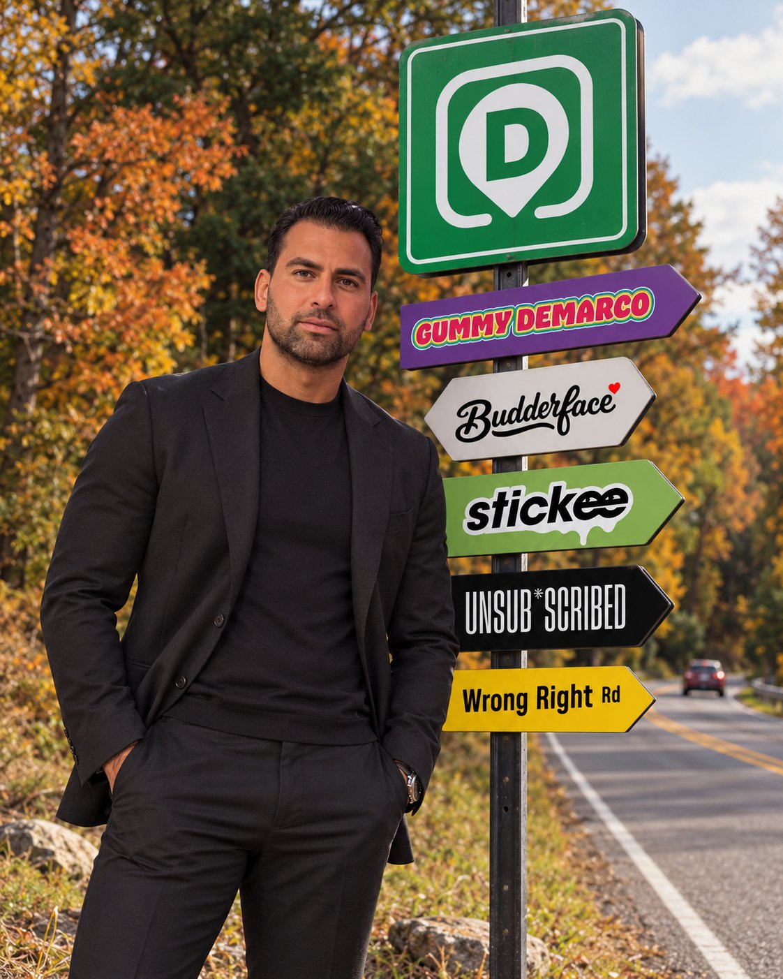 Travis Hermiz, Michigan entrepreneur, beside a highway signpost showing the Detour, Gummy DeMarco, Budderface, stickee and UNSUB*SCRIBED brand markers