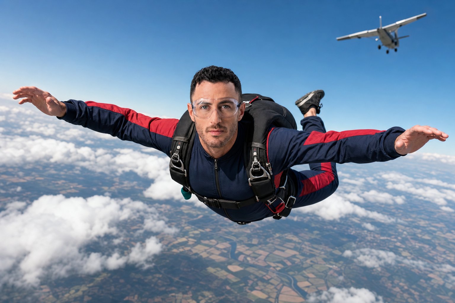Travis Hermiz skydiving in freefall above the clouds in a navy and red jumpsuit, with the jump plane visible in the sky above