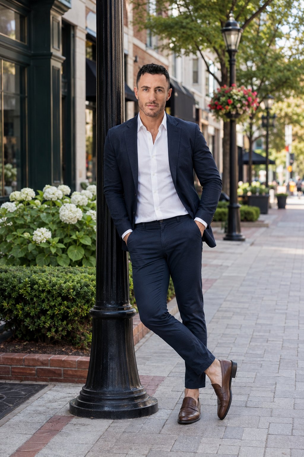 Travis Hermiz, Michigan entrepreneur and real estate investor, in a navy suit leaning against a lamppost on a downtown Michigan street lined with storefronts and hydrangeas