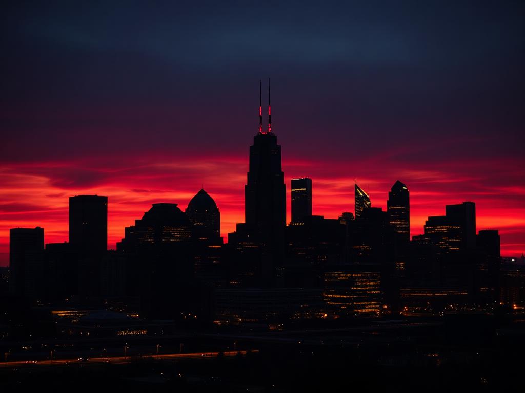 Michigan city skyline silhouetted against a deep red dusk sky, representing Travis Hermiz's real estate investing